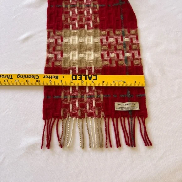 Burberry Merino Cashmere Red, Tan, Cream Plaid Scarf - Picture 6 of 10
